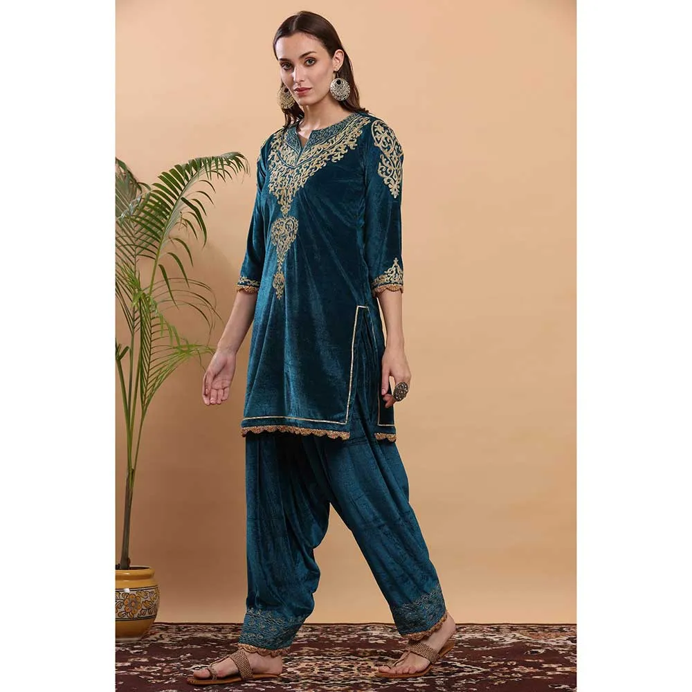 Kaanchie Nanggia Teal Green Embroidered Kurta Salwar (Set of 2)