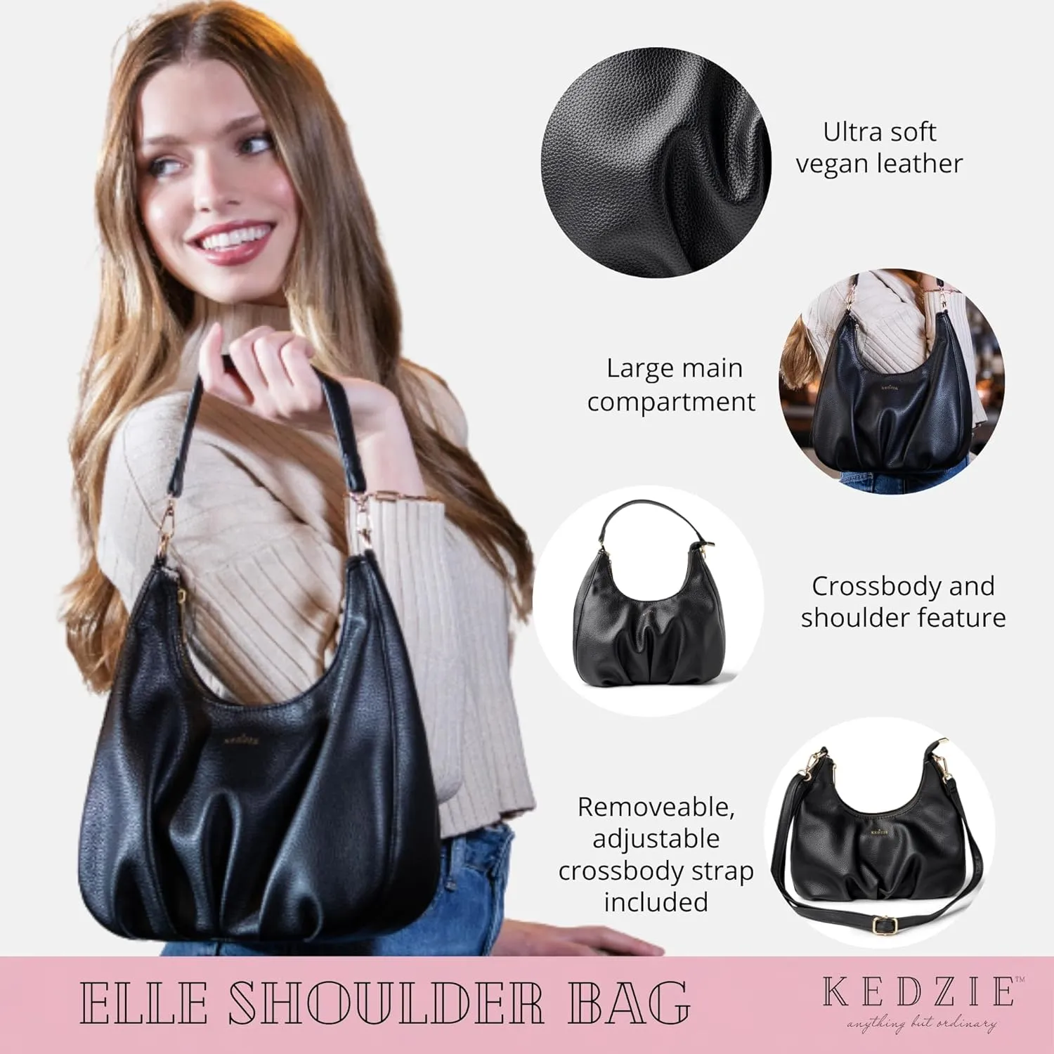 KEDZIE Elle Shoulder Bag Vegan Leather Crossbody Purse for Women - Gray