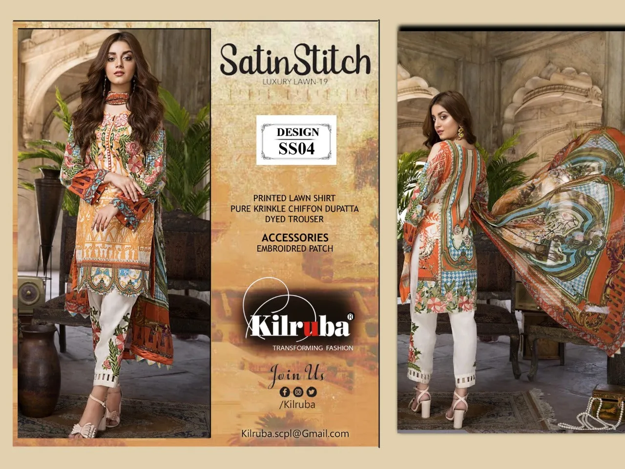 KILRUBA SATIN STITCH LAWN ART SS01 to SS04 SERIES COLLECTION