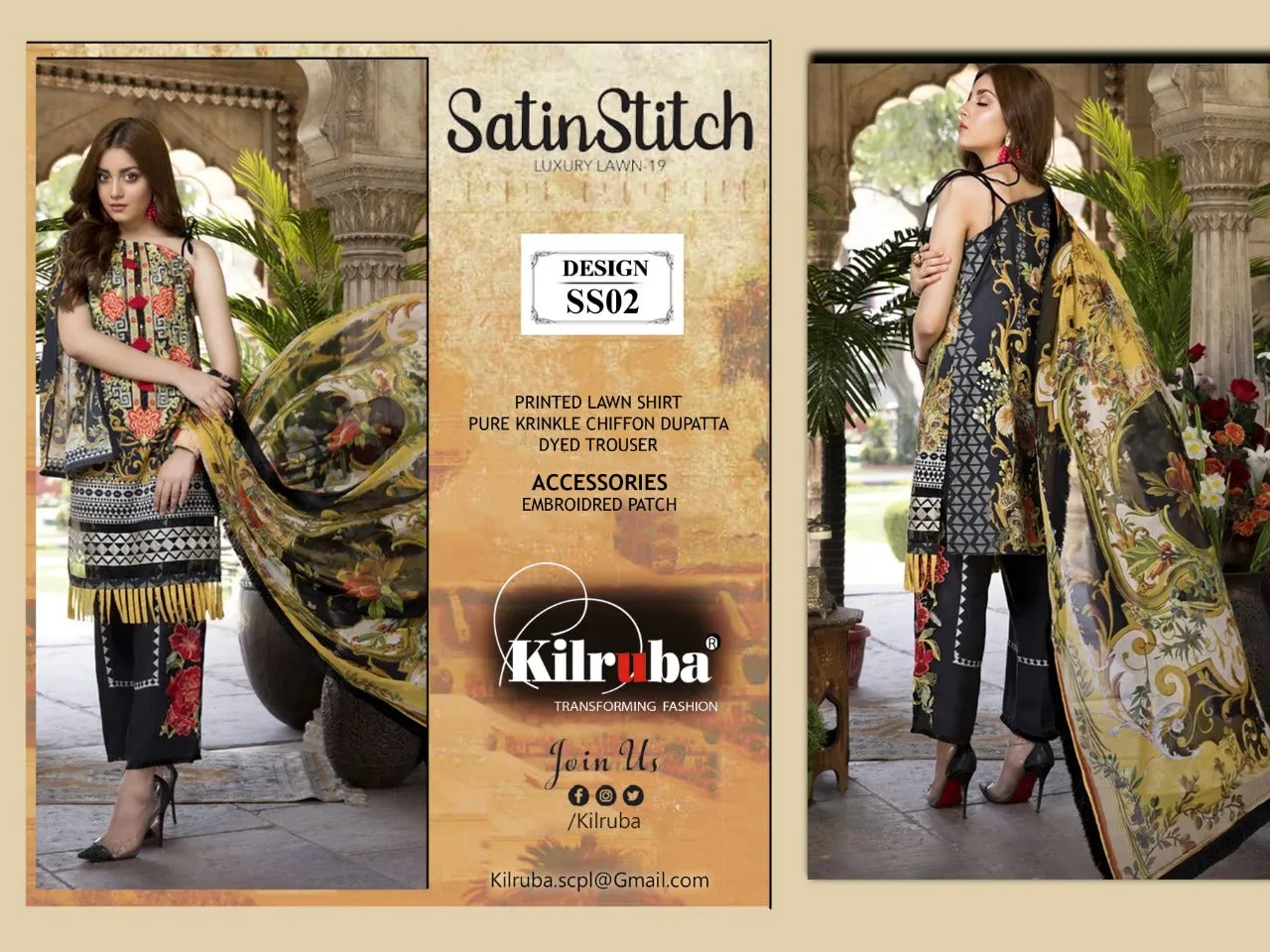 KILRUBA SATIN STITCH LAWN ART SS01 to SS04 SERIES COLLECTION