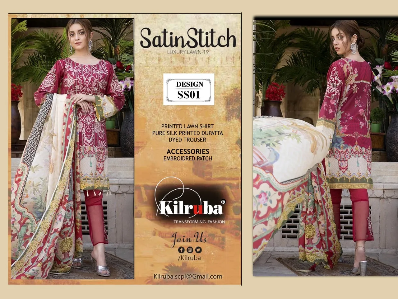 KILRUBA SATIN STITCH LAWN ART SS01 to SS04 SERIES COLLECTION