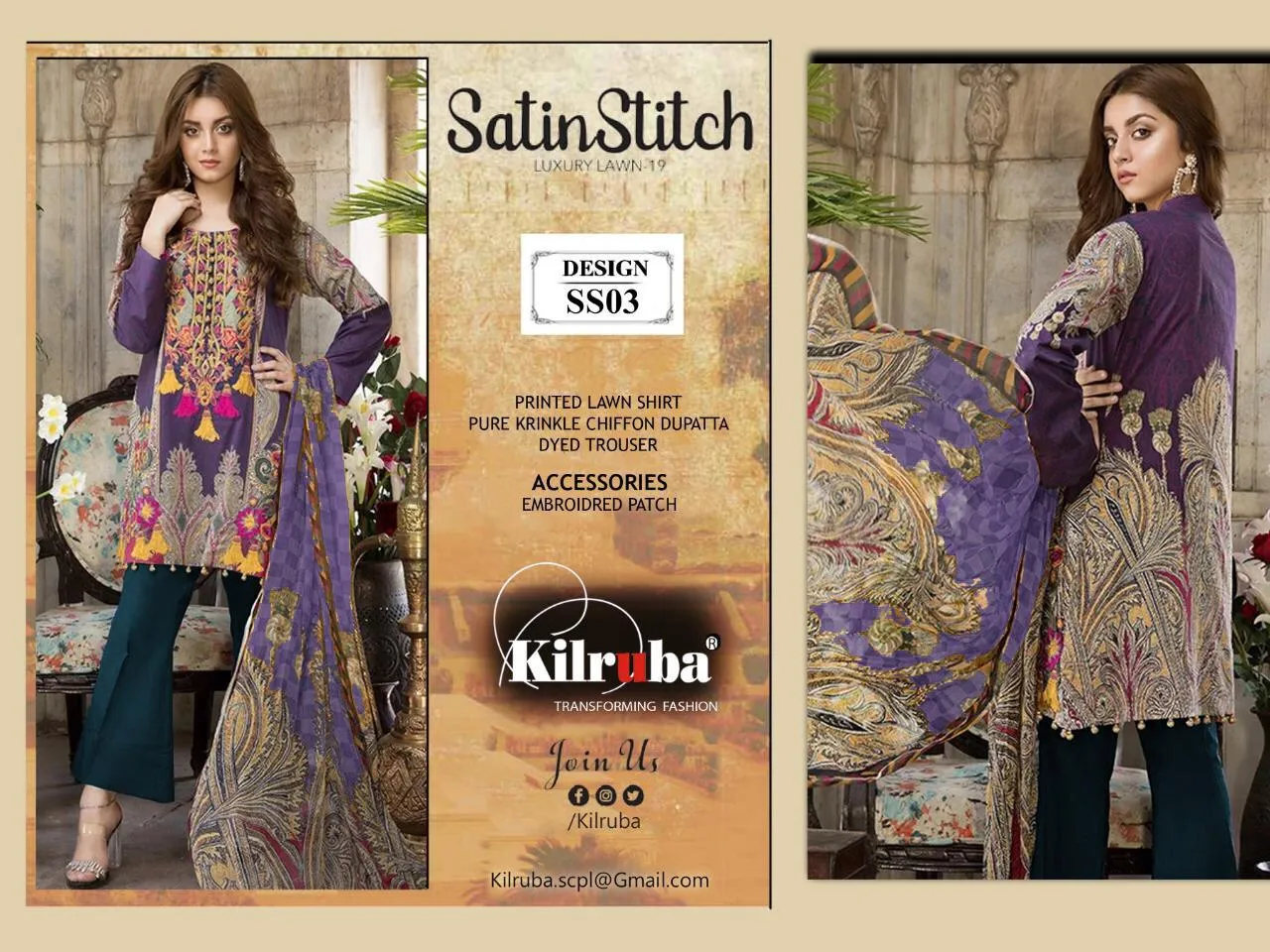 KILRUBA SATIN STITCH LAWN ART SS01 to SS04 SERIES COLLECTION