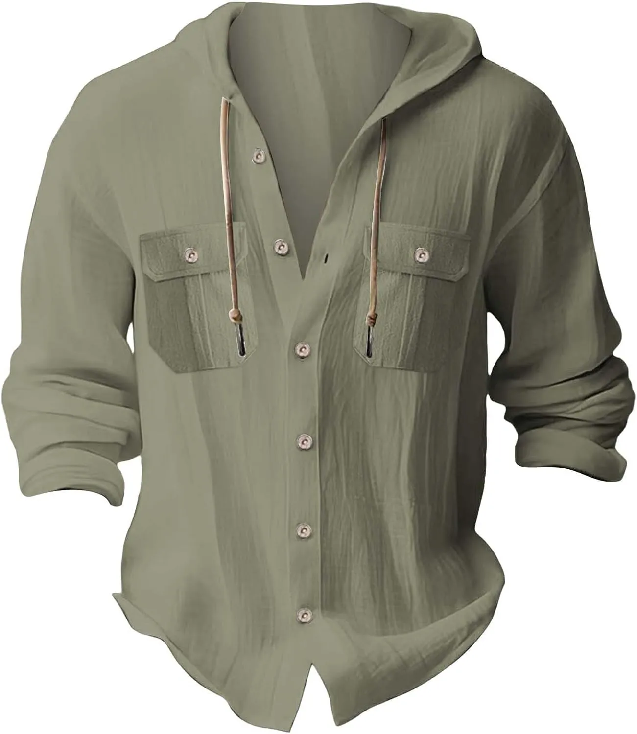 KUIOLYPOER Men's Cotton Linen Shirts Long Sleeve Hooded Drawstring Shirt Spring Summer Casual Loose Beach Shirts with Hood