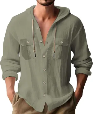KUIOLYPOER Men's Cotton Linen Shirts Long Sleeve Hooded Drawstring Shirt Spring Summer Casual Loose Beach Shirts with Hood