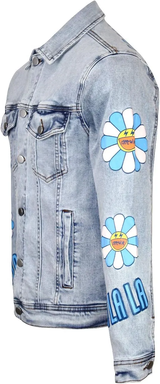 La La La Mens Cotton Denim Jacket with Graphic Print Light Blue Ice Wash