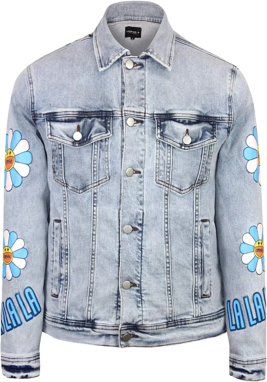 La La La Mens Cotton Denim Jacket with Graphic Print Light Blue Ice Wash
