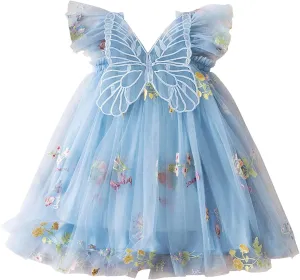 Lace Tulle Bow Print Birthday Dress for Toddler Girls Ruffle Sleeve Square Neck Dance Party Pleated Tutu Skirts