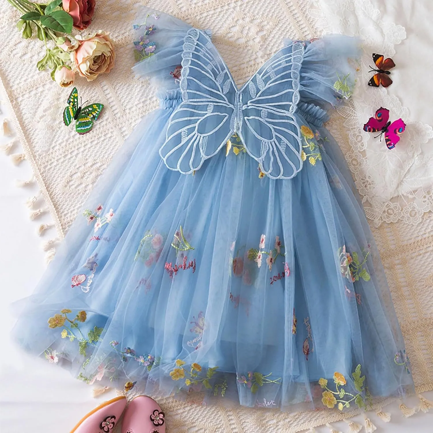 Lace Tulle Bow Print Birthday Dress for Toddler Girls Ruffle Sleeve Square Neck Dance Party Pleated Tutu Skirts