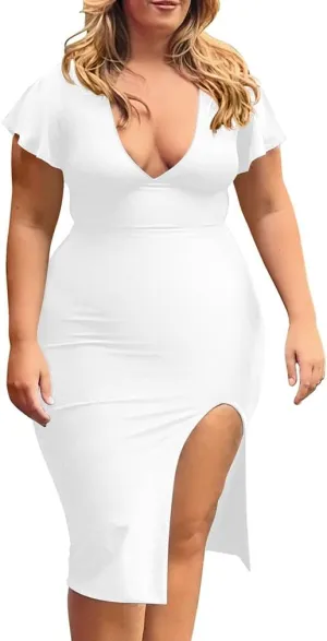 LAGSHIAN Women's Plus Size Sexy Bodycon V Neck Ruffle Short Sleeve Split Hem Midi Pencil Dress