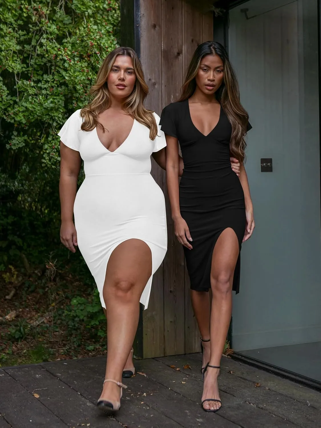 LAGSHIAN Women's Plus Size Sexy Bodycon V Neck Ruffle Short Sleeve Split Hem Midi Pencil Dress