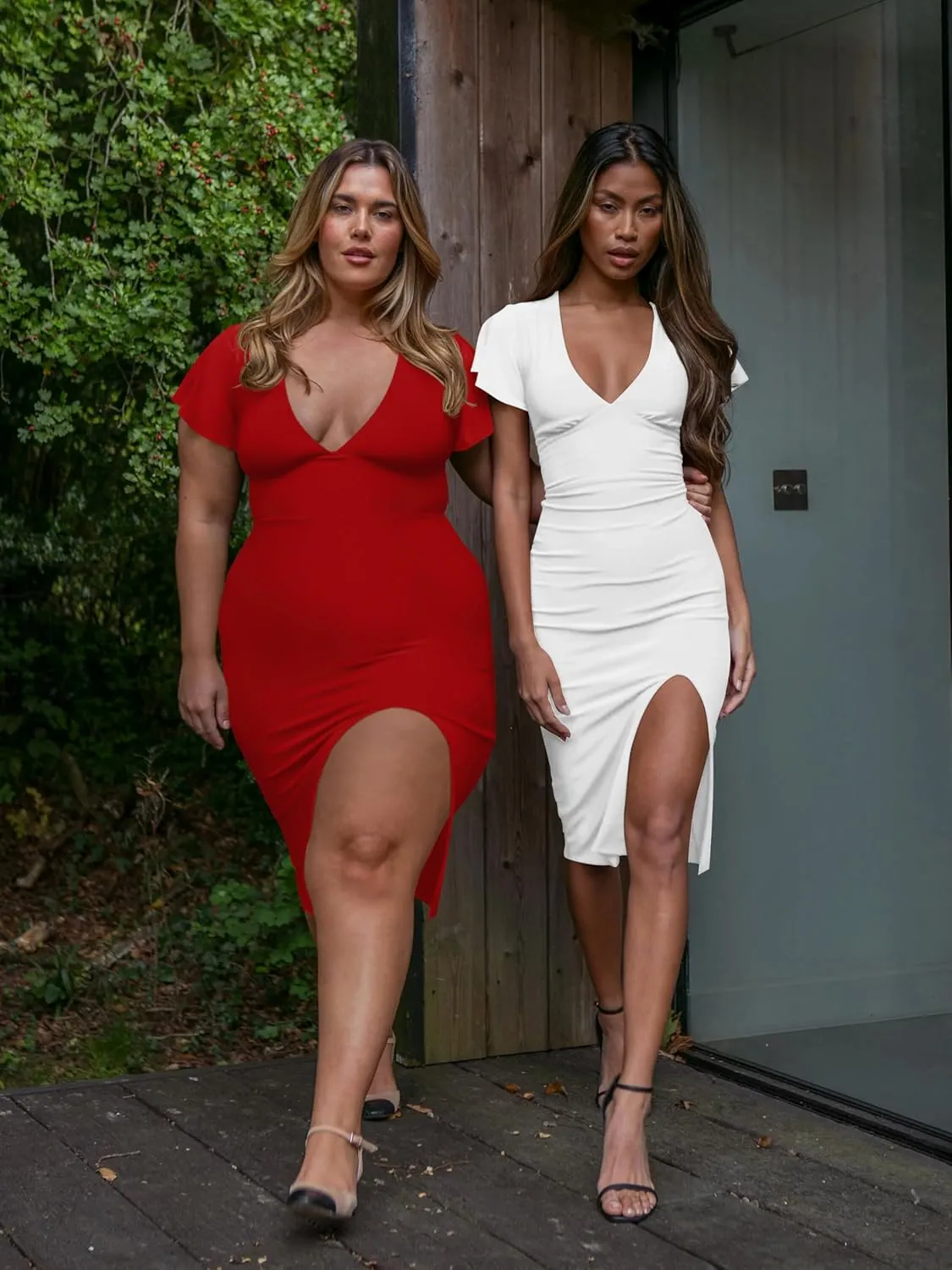 LAGSHIAN Women's Plus Size Sexy Bodycon V Neck Ruffle Short Sleeve Split Hem Midi Pencil Dress