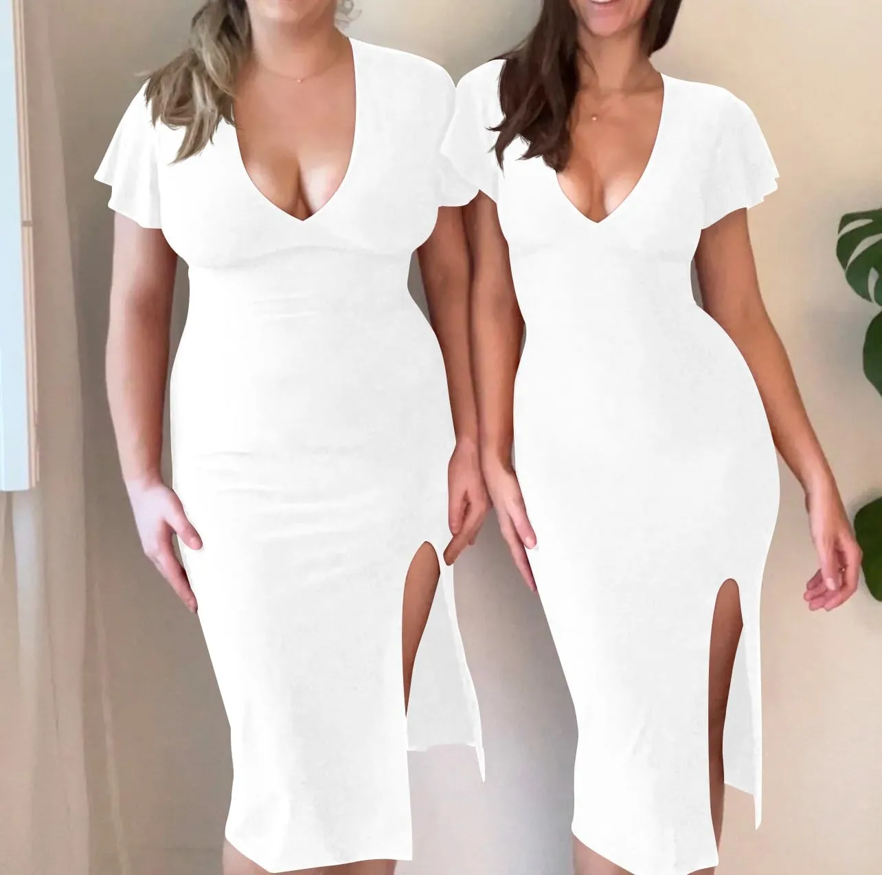 LAGSHIAN Women's Plus Size Sexy Bodycon V Neck Ruffle Short Sleeve Split Hem Midi Pencil Dress