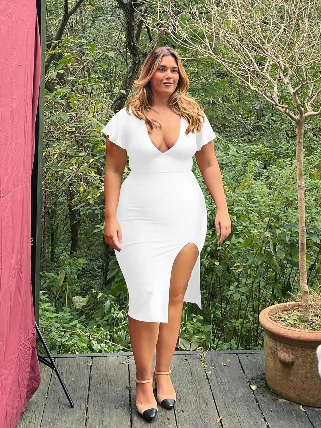 LAGSHIAN Women's Plus Size Sexy Bodycon V Neck Ruffle Short Sleeve Split Hem Midi Pencil Dress
