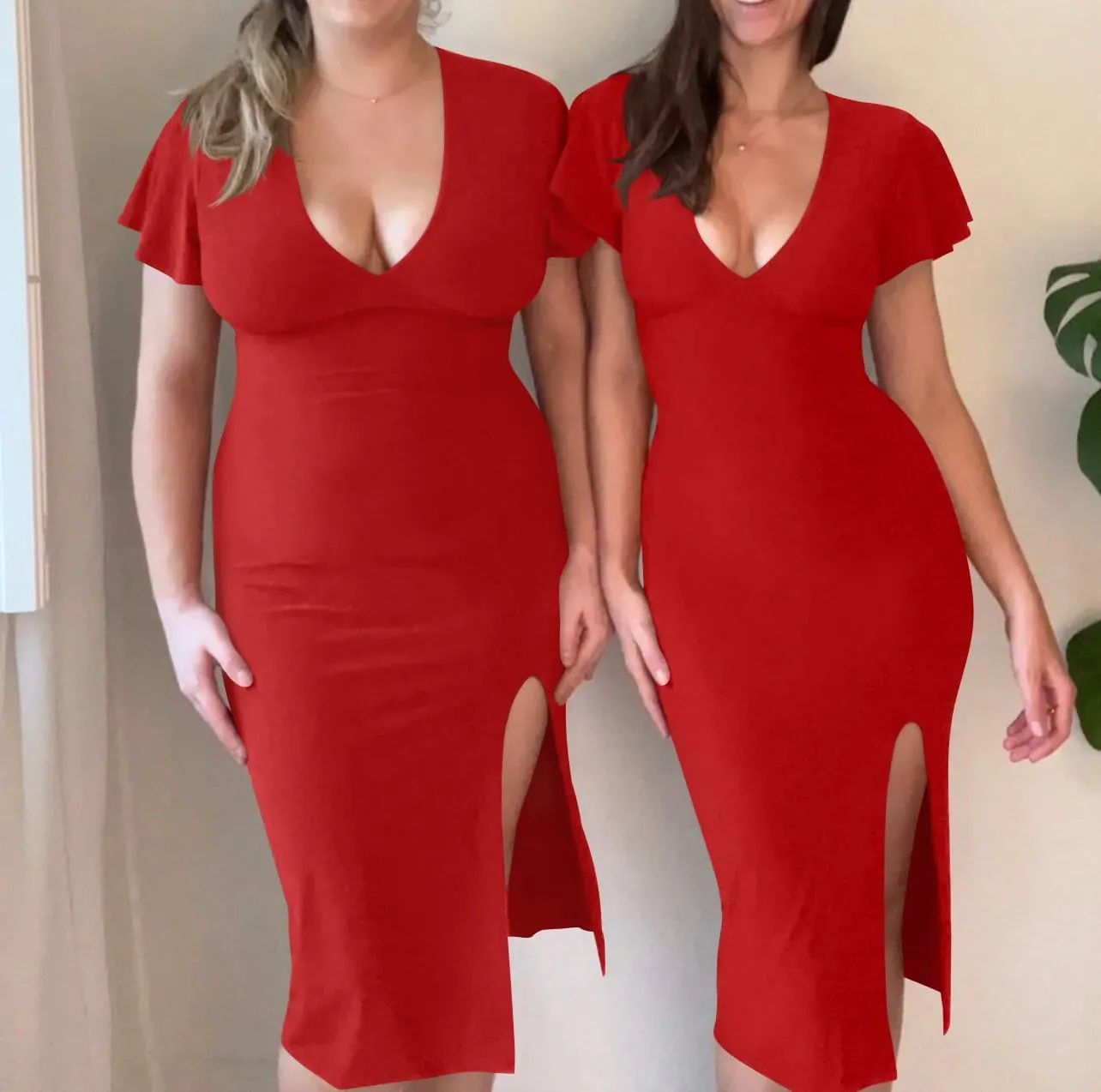 LAGSHIAN Women's Plus Size Sexy Bodycon V Neck Ruffle Short Sleeve Split Hem Midi Pencil Dress