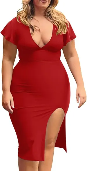 LAGSHIAN Women's Plus Size Sexy Bodycon V Neck Ruffle Short Sleeve Split Hem Midi Pencil Dress