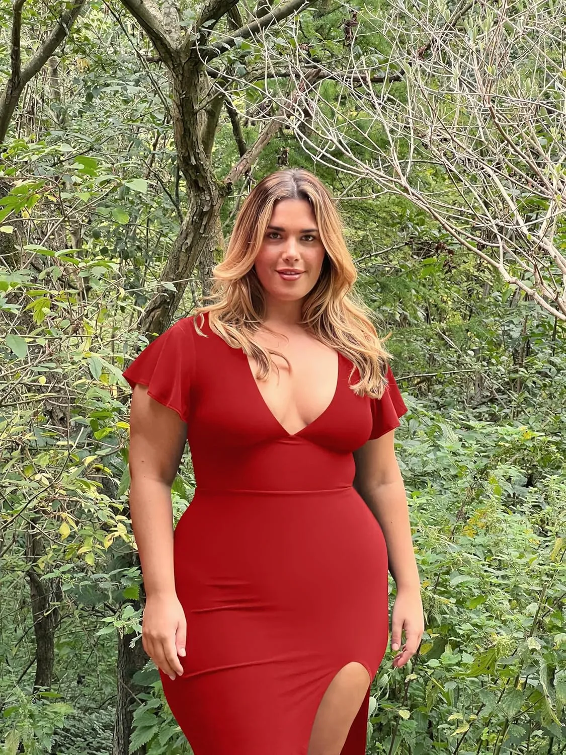 LAGSHIAN Women's Plus Size Sexy Bodycon V Neck Ruffle Short Sleeve Split Hem Midi Pencil Dress
