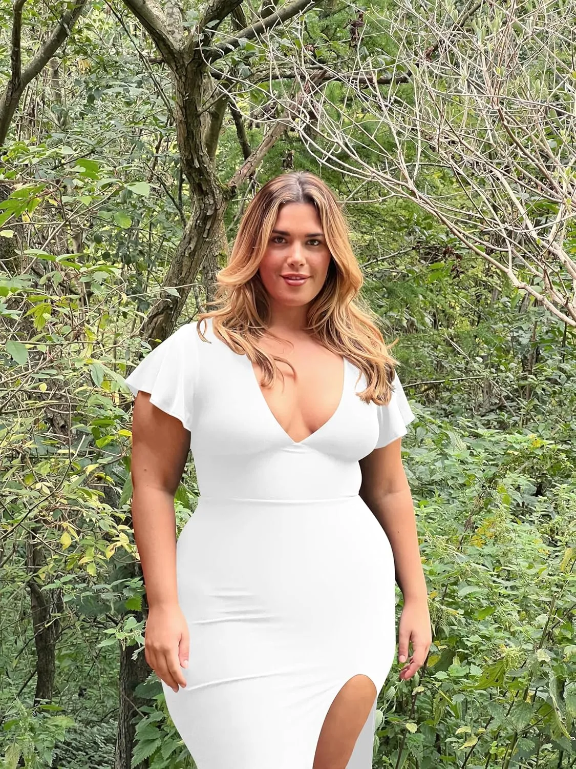LAGSHIAN Women's Plus Size Sexy Bodycon V Neck Ruffle Short Sleeve Split Hem Midi Pencil Dress