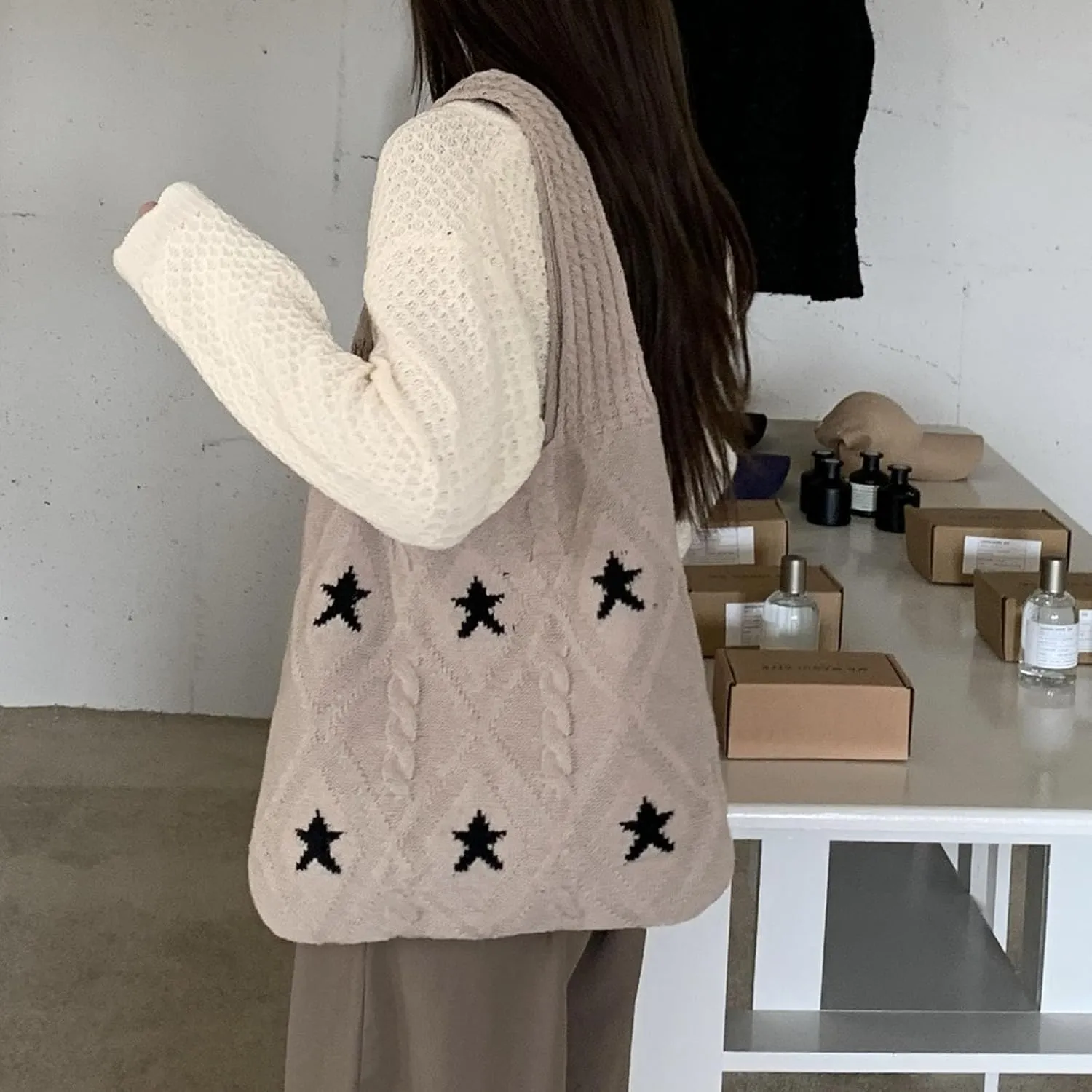 LAPRBY Crochet Tote Bag Y2k Aesthetic Accessories Grunge Hobo Bag Knit Star Bags Beach Purse Shoulder Handbags for Women