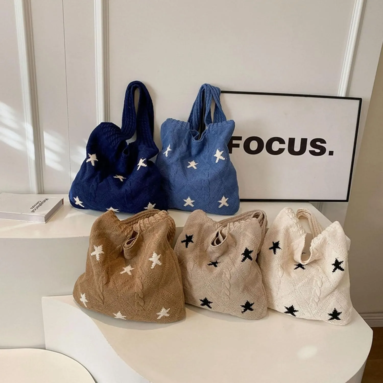 LAPRBY Crochet Tote Bag Y2k Aesthetic Accessories Grunge Hobo Bag Knit Star Bags Beach Purse Shoulder Handbags for Women