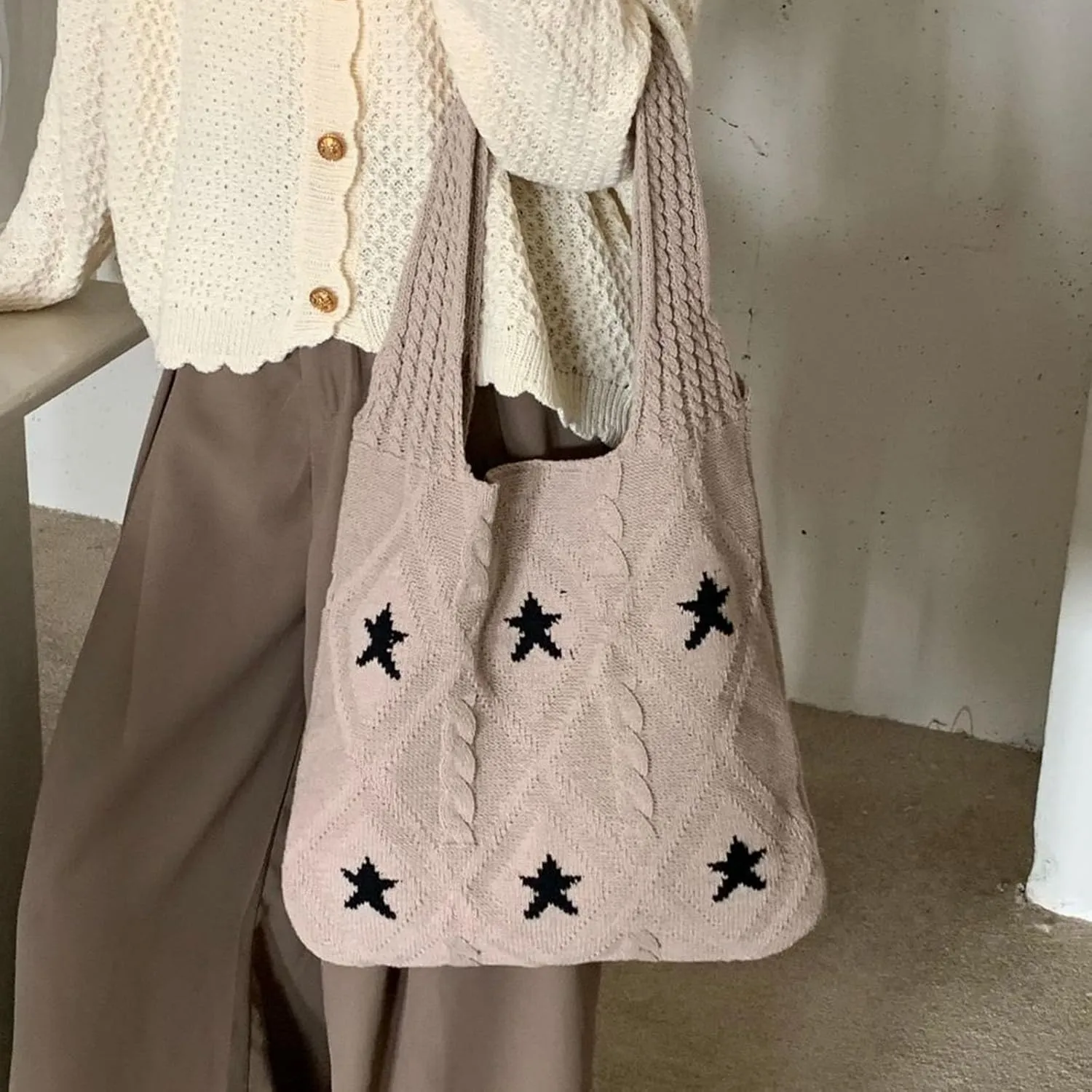 LAPRBY Crochet Tote Bag Y2k Aesthetic Accessories Grunge Hobo Bag Knit Star Bags Beach Purse Shoulder Handbags for Women