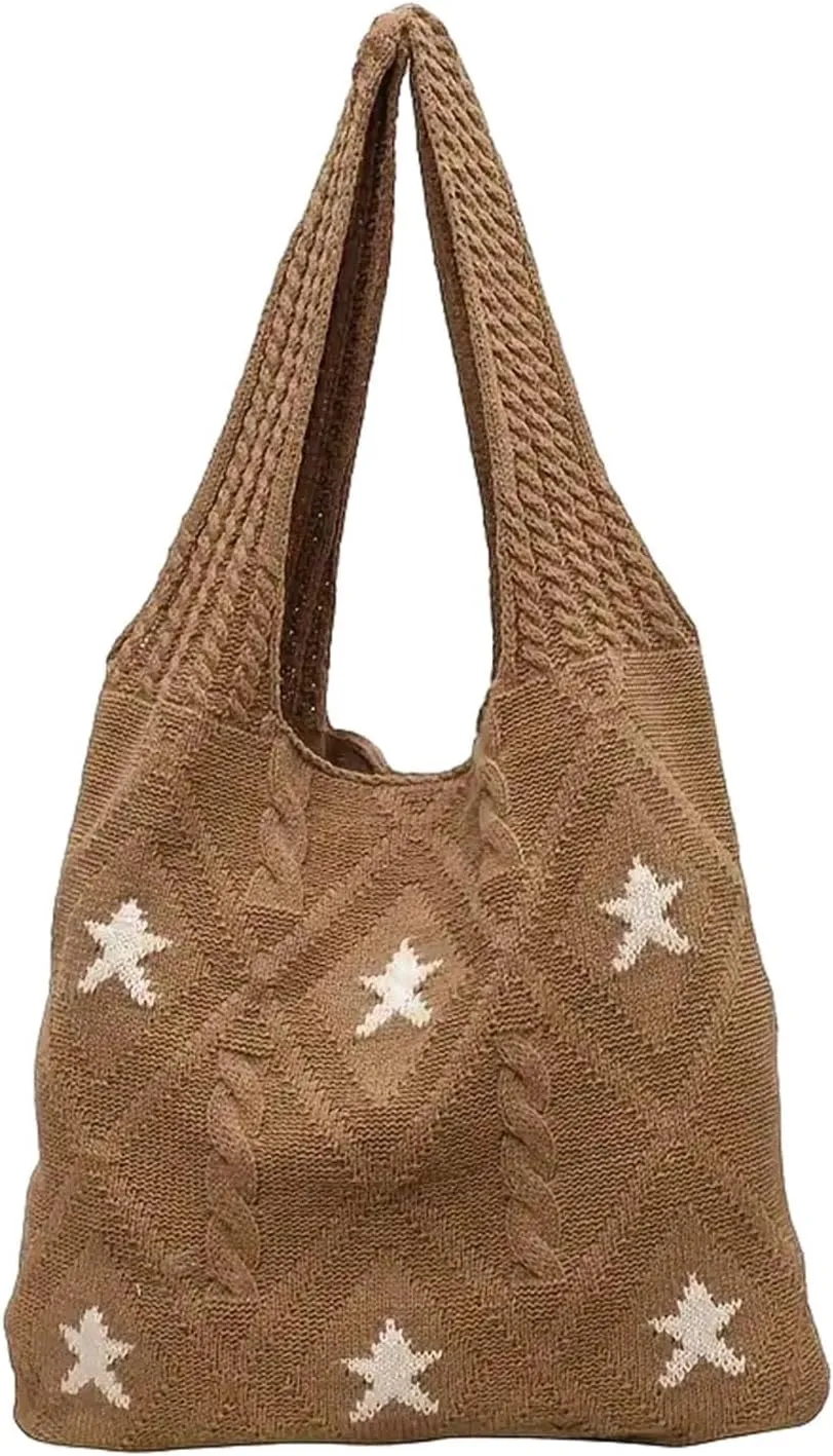 LAPRBY Crochet Tote Bag Y2k Aesthetic Accessories Grunge Hobo Bag Knit Star Bags Beach Purse Shoulder Handbags for Women