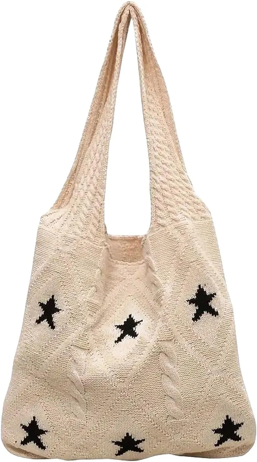 LAPRBY Crochet Tote Bag Y2k Aesthetic Accessories Grunge Hobo Bag Knit Star Bags Beach Purse Shoulder Handbags for Women