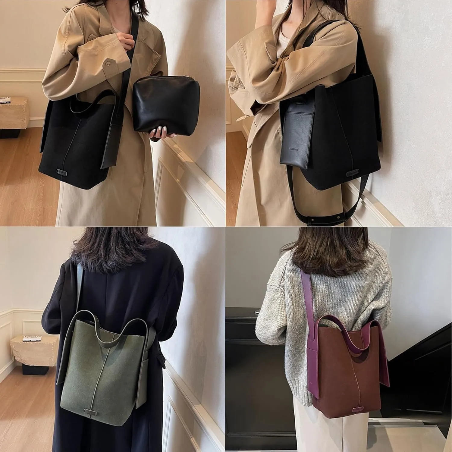 Large Capacity PU Shoulder Bag for Women Bucket Bags with Adjustable Strap Fashionable Crossbody Purse Satchel Handbag