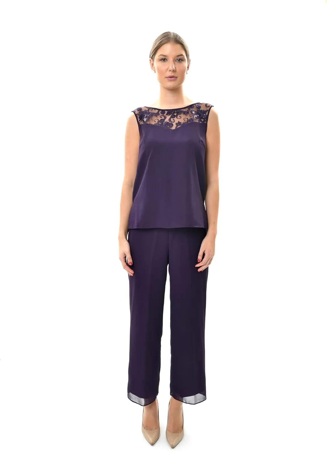 Le Bos Women's 3 Piece Embellished Short Sleeve Light Weight Pant Set