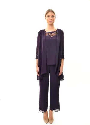Le Bos Women's 3 Piece Embellished Short Sleeve Light Weight Pant Set