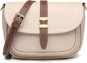 Leather saddle bag, personalized niche design women's bag, shoulder bag (Beigewhite)