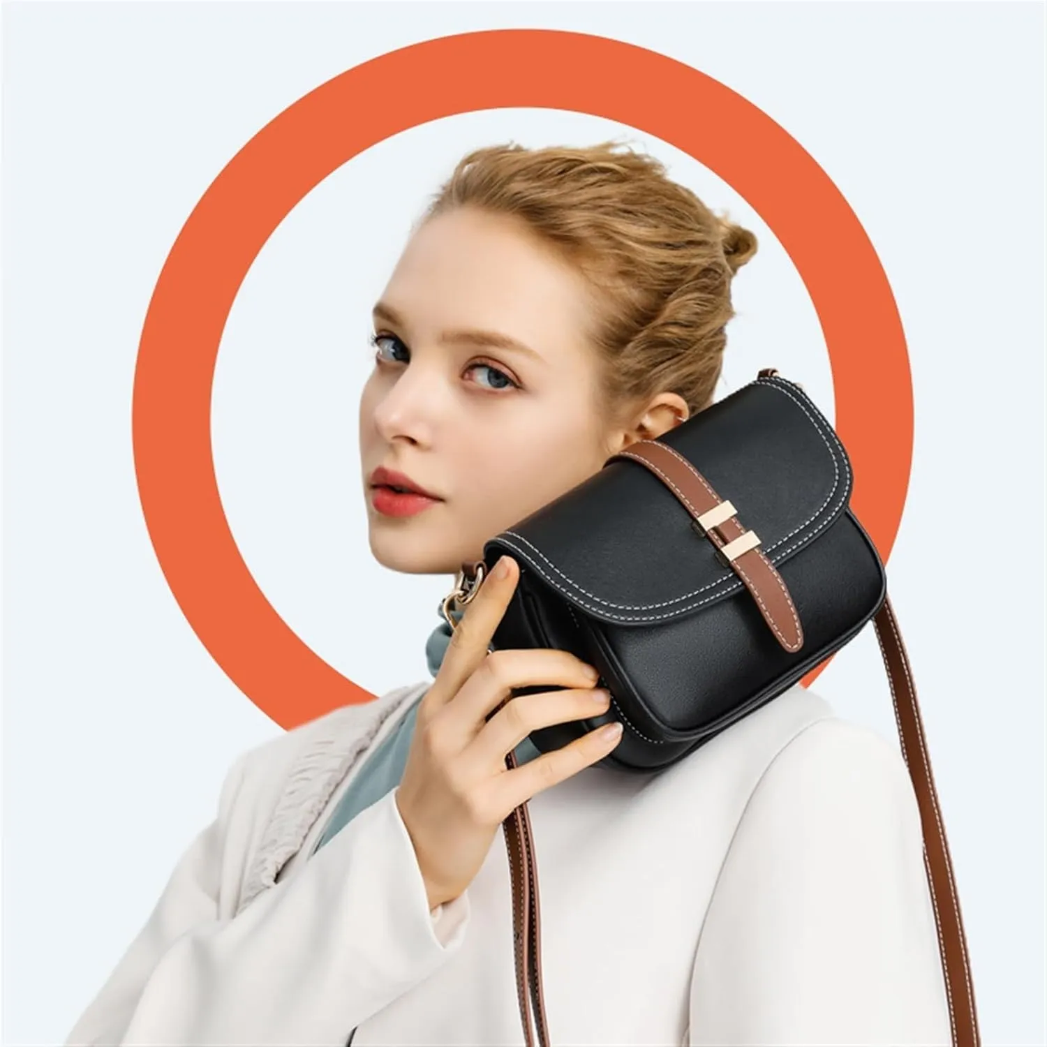 Leather saddle bag, personalized niche design women's bag, shoulder bag (Black)