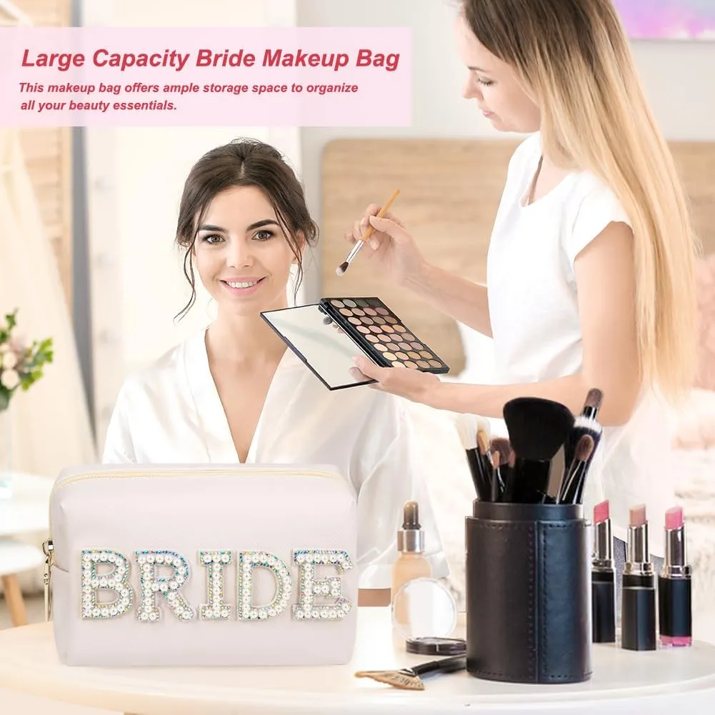 Letter Makeup Bag,BRIDE Diamond Rhinestone Patch Pearl Cosmetic Bag,Travel Toiletry Zipper Purse Bag,Bridal Shower Gifts