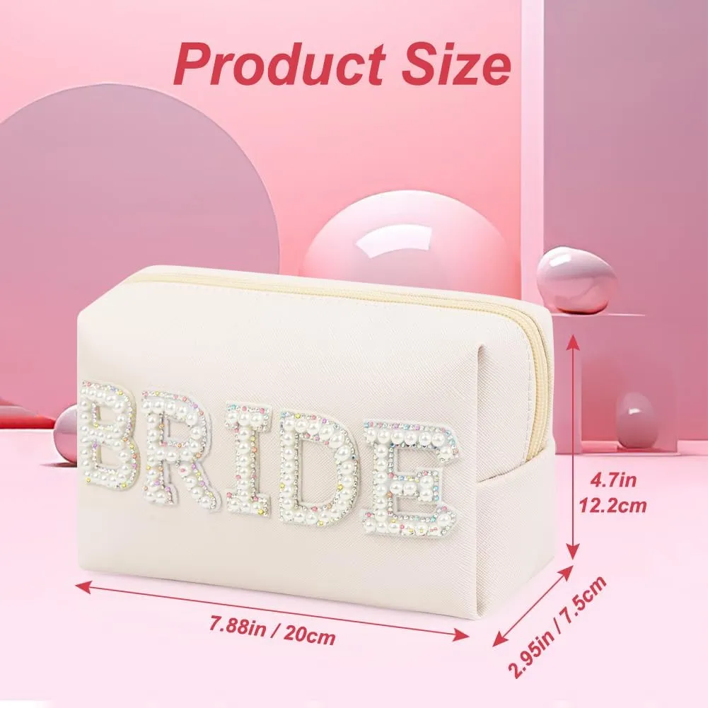 Letter Makeup Bag,BRIDE Diamond Rhinestone Patch Pearl Cosmetic Bag,Travel Toiletry Zipper Purse Bag,Bridal Shower Gifts
