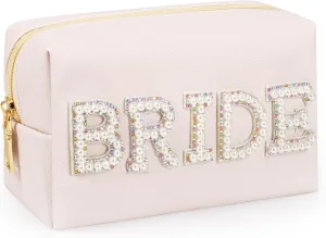 Letter Makeup Bag,BRIDE Diamond Rhinestone Patch Pearl Cosmetic Bag,Travel Toiletry Zipper Purse Bag,Bridal Shower Gifts