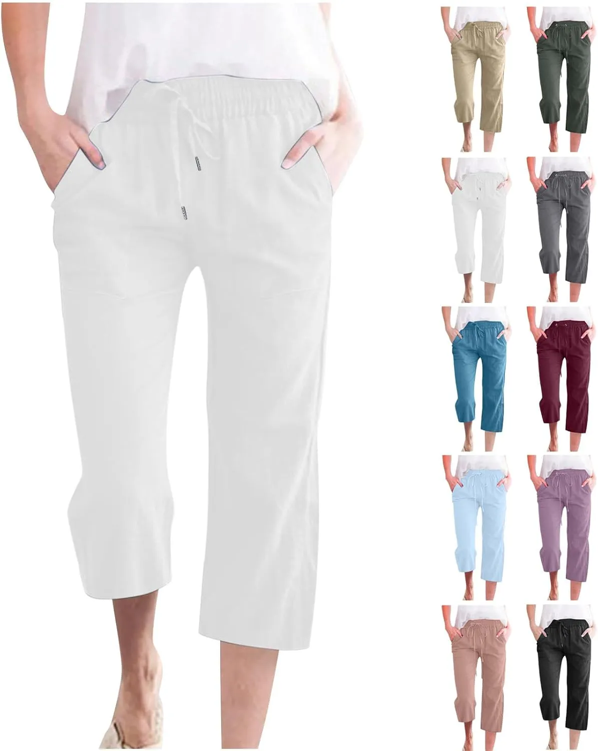Limited time Deal,Capri Pants for Women Casual Summer Cotton Linen Capris Drawstring Elastic High Waist Pants Wide Leg Cropped Trouser