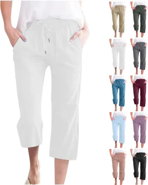 Limited time Deal,Capri Pants for Women Casual Summer Cotton Linen Capris Drawstring Elastic High Waist Pants Wide Leg Cropped Trouser