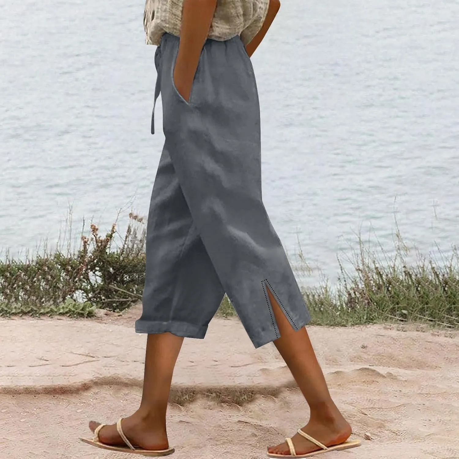 Linen Capris Pants for Women 2025 Summer High Waist Elastic Straight Leg Trousers Casual Beach Loose Fit Lounge Wear