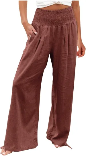 Linen Pant for Women High Wide Waisted Casual Petite Corseted Waist Fashion Flowy Solid Color Trouser with Pocket
