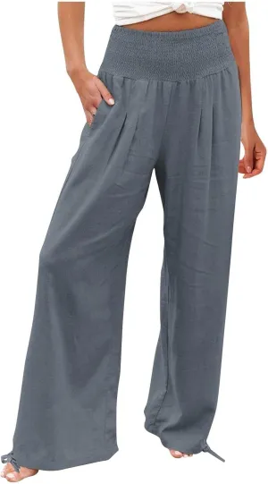 Linen Pant for Women High Wide Waisted Casual Petite Corseted Waist Fashion Flowy Solid Color Trouser with Pocket