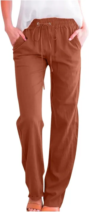 Linen Pants for Women 2024 Summer Casual Drawstring Elastic High Waist Pants Wide Leg Long Trouser with Pockets