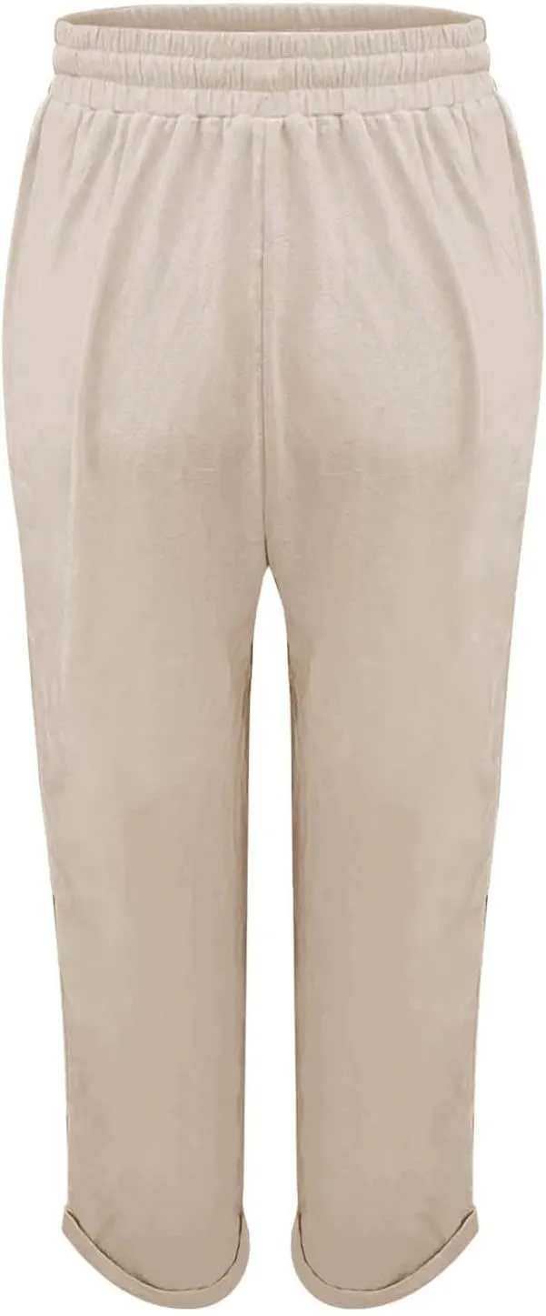 Linen Pants for Women Baggy Wide Leg Pants Elastic Waist Straight Leg Casual Cotton Linen Pants Summer Outfits Lounge Sets