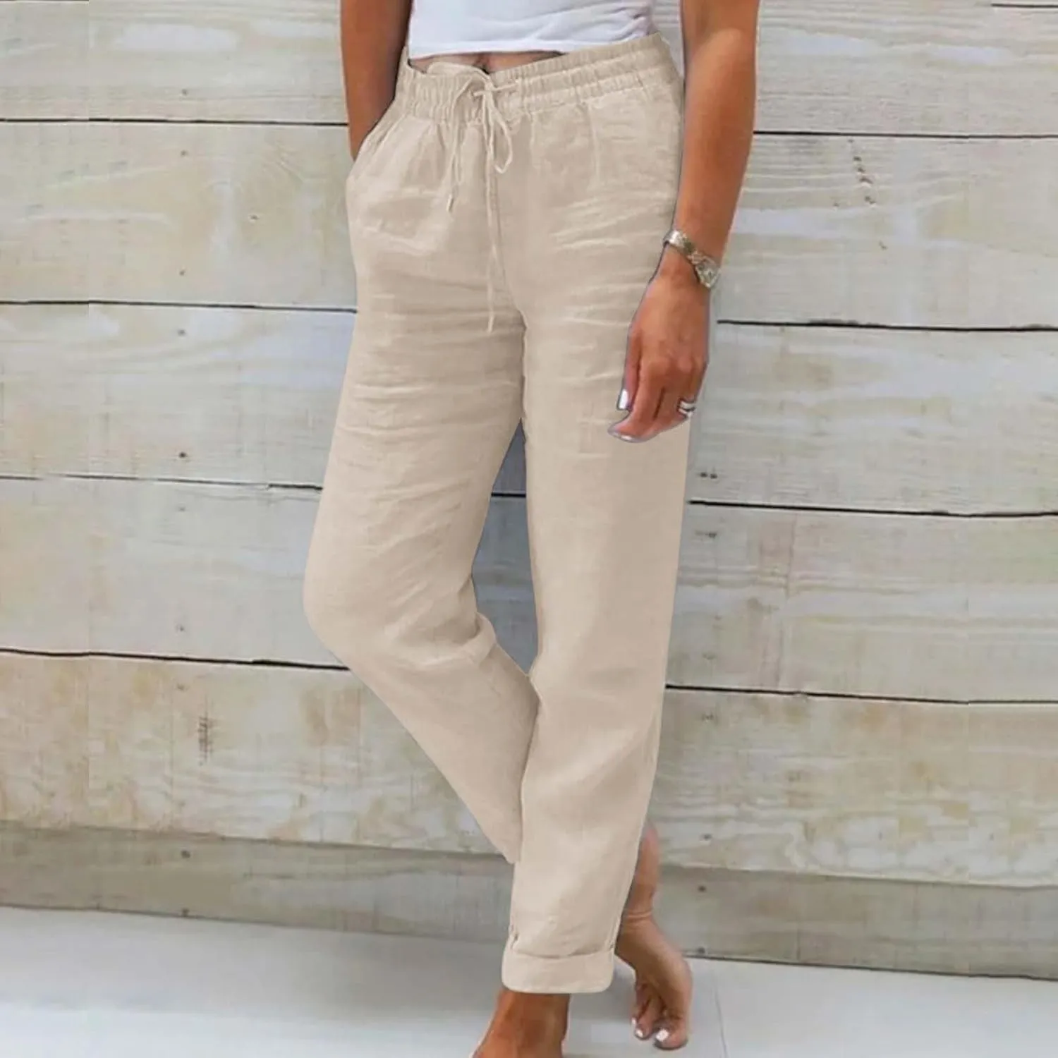 Linen Pants for Women Baggy Wide Leg Pants Elastic Waist Straight Leg Casual Cotton Linen Pants Summer Outfits Lounge Sets