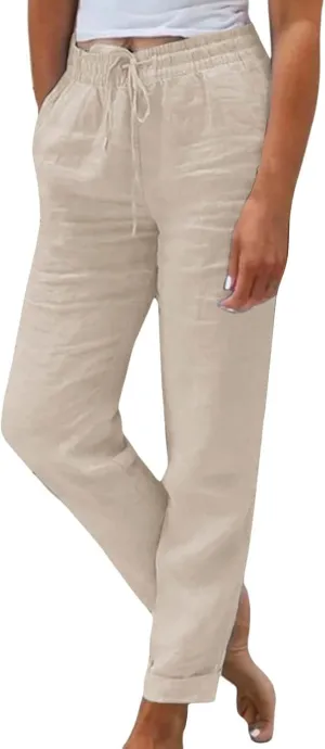 Linen Pants for Women Baggy Wide Leg Pants Elastic Waist Straight Leg Casual Cotton Linen Pants Summer Outfits Lounge Sets