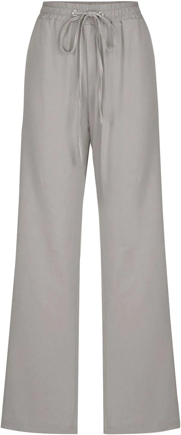 Linen Pants for Women Drawstring Elastic High Waist Pants Loose Straight Leg Lightweight Trousers Pants