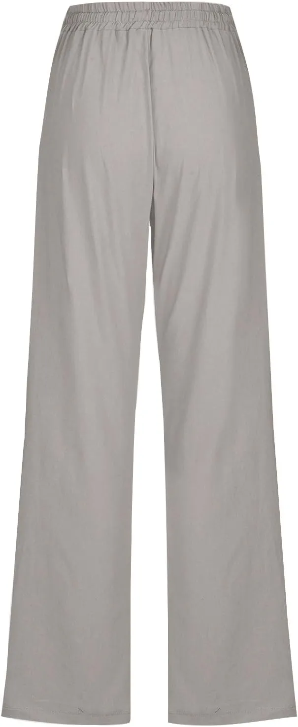 Linen Pants for Women Drawstring Elastic High Waist Pants Loose Straight Leg Lightweight Trousers Pants