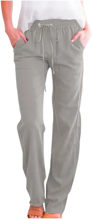 Linen Pants for Women Drawstring Elastic High Waist Pants Loose Straight Leg Lightweight Trousers Pants
