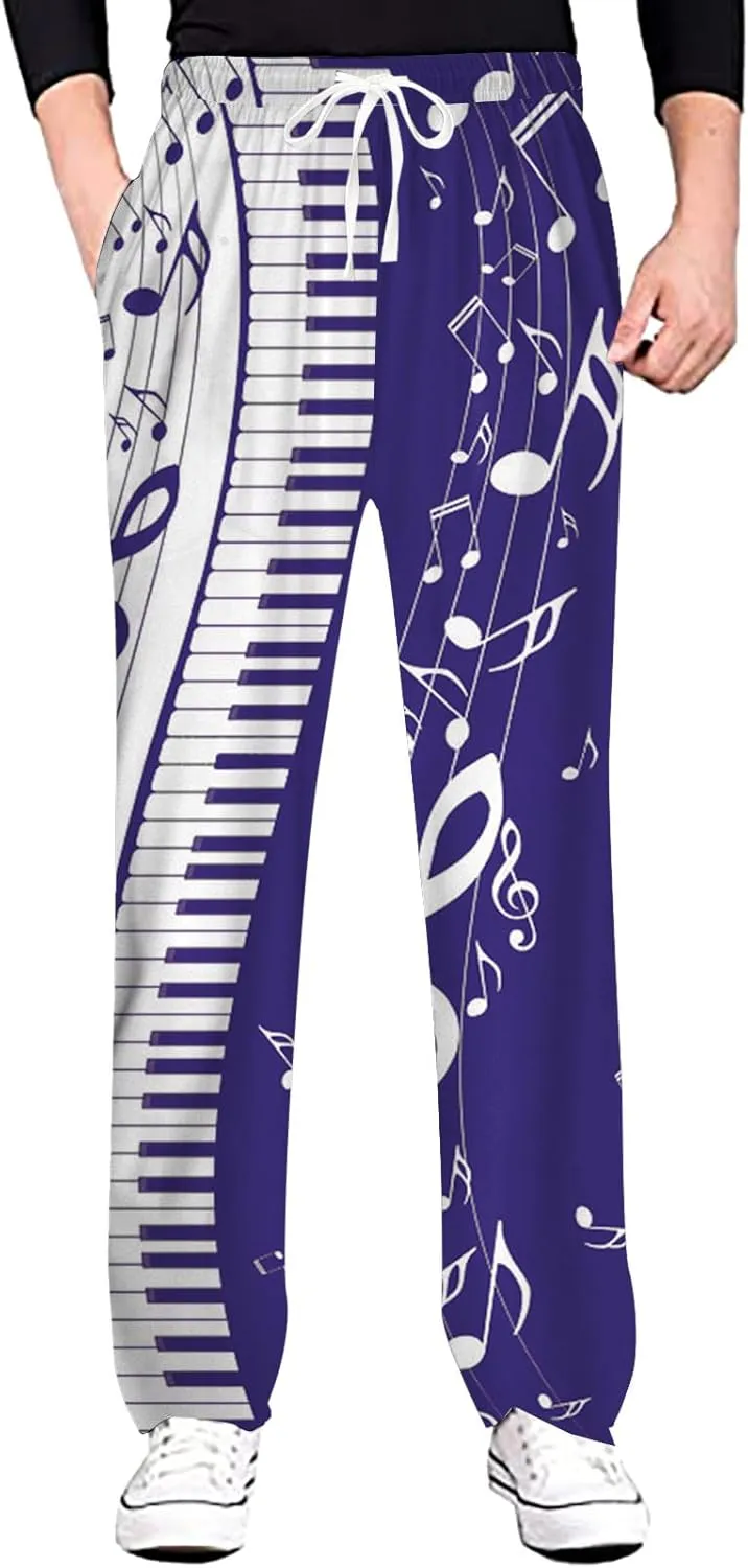 Linen Pants Men Slim Fit Classic Musical Note Print Chino Pants Casual Lightweight Straight Leg Summer Beach Trousers