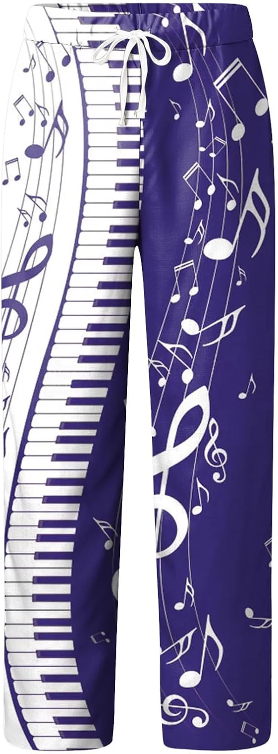 Linen Pants Men Slim Fit Classic Musical Note Print Chino Pants Casual Lightweight Straight Leg Summer Beach Trousers