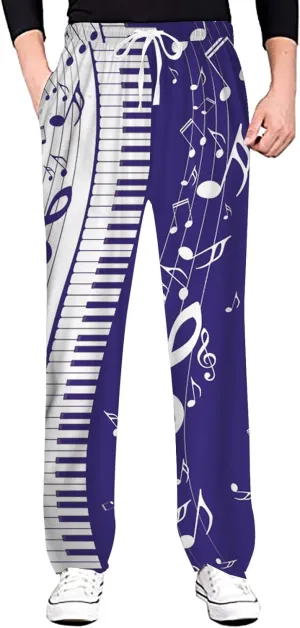 Linen Pants Men Slim Fit Classic Musical Note Print Chino Pants Casual Lightweight Straight Leg Summer Beach Trousers