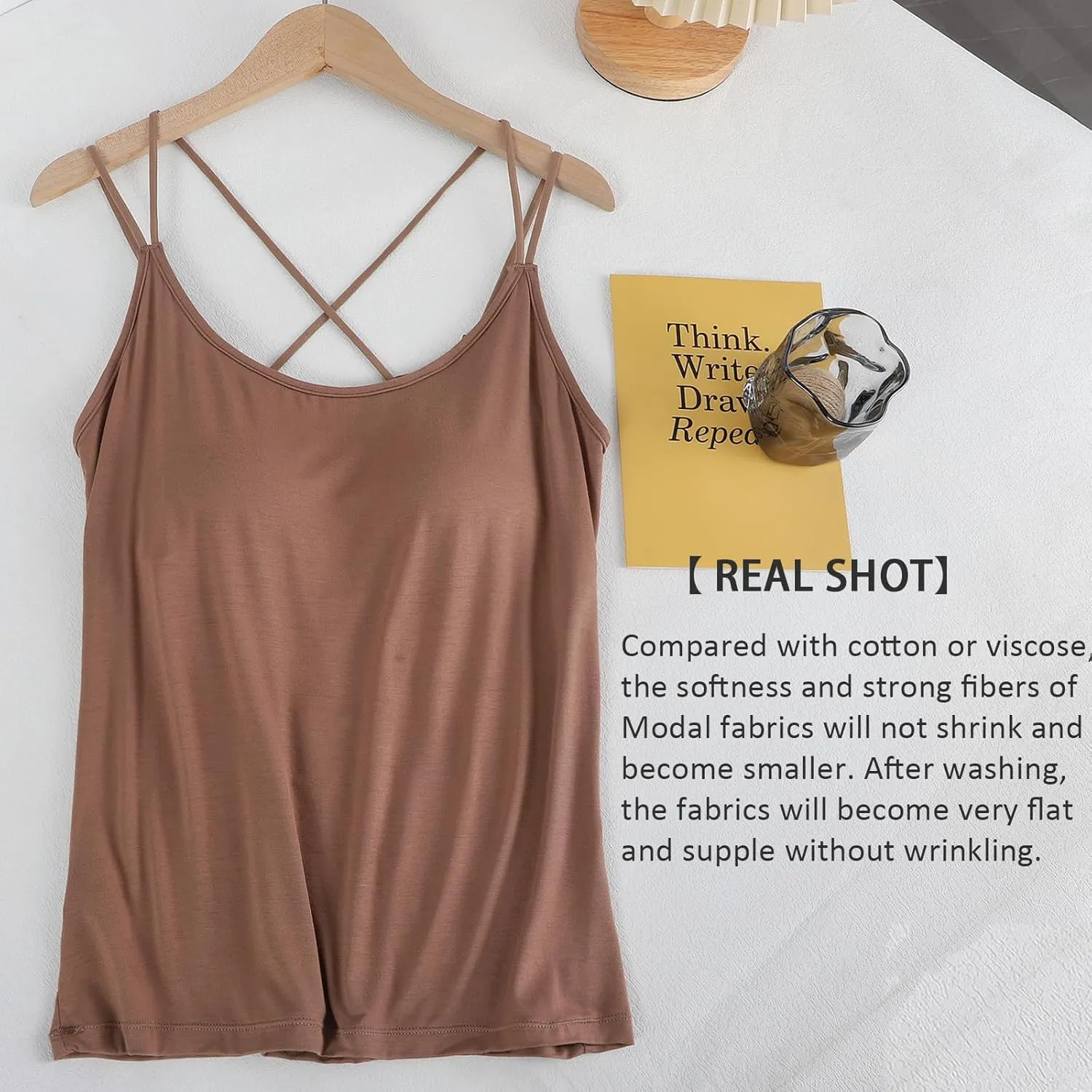 Lingerie Camisole with Built in Bra for Women Criss Cross Spaghetti Strap Tank Top with Bra Soft Modal Cotton Camis